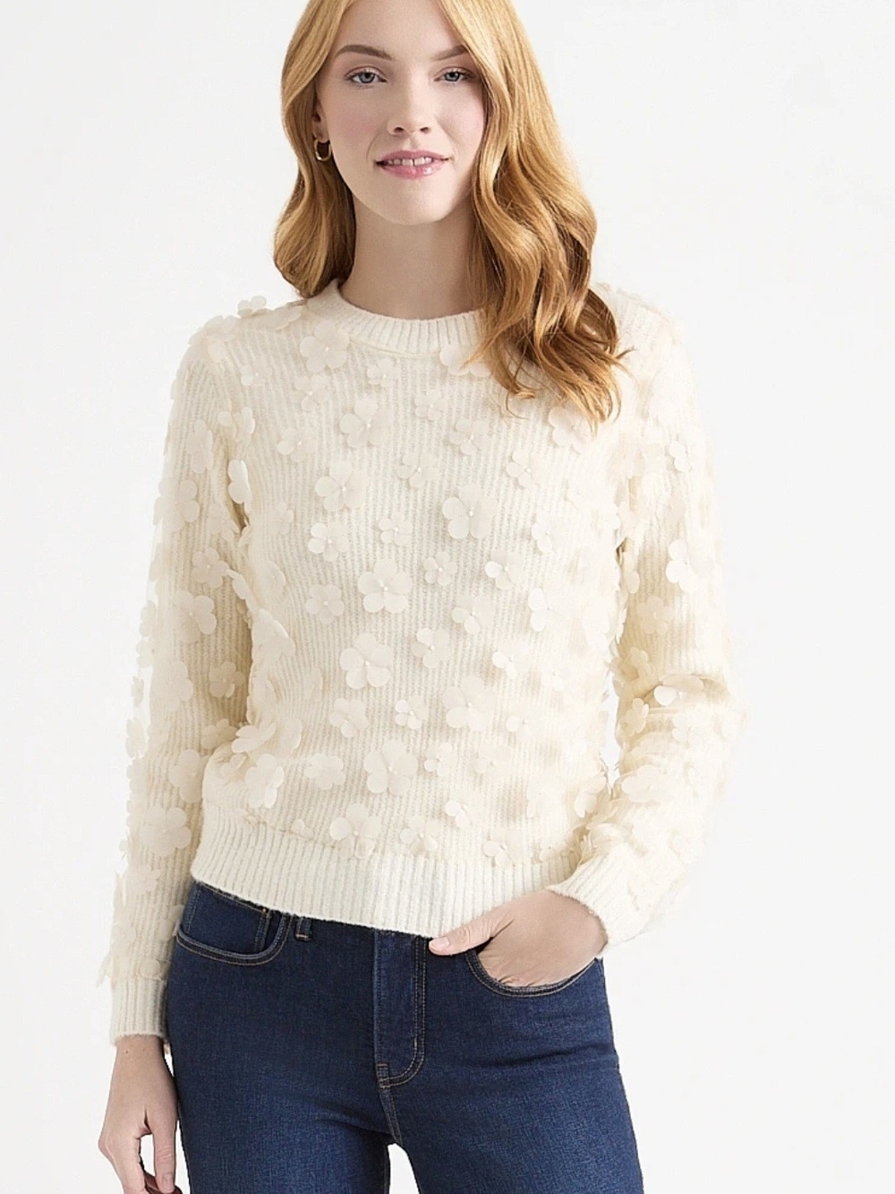 NWT Ricki's Cream 3D Floral Crew Neck Sweater